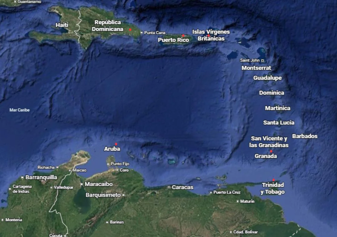 Los puntos rojos en el mapa indican la posición de países que están apoyando a Estados Unidos. Cerca de Aruba está Curazao.