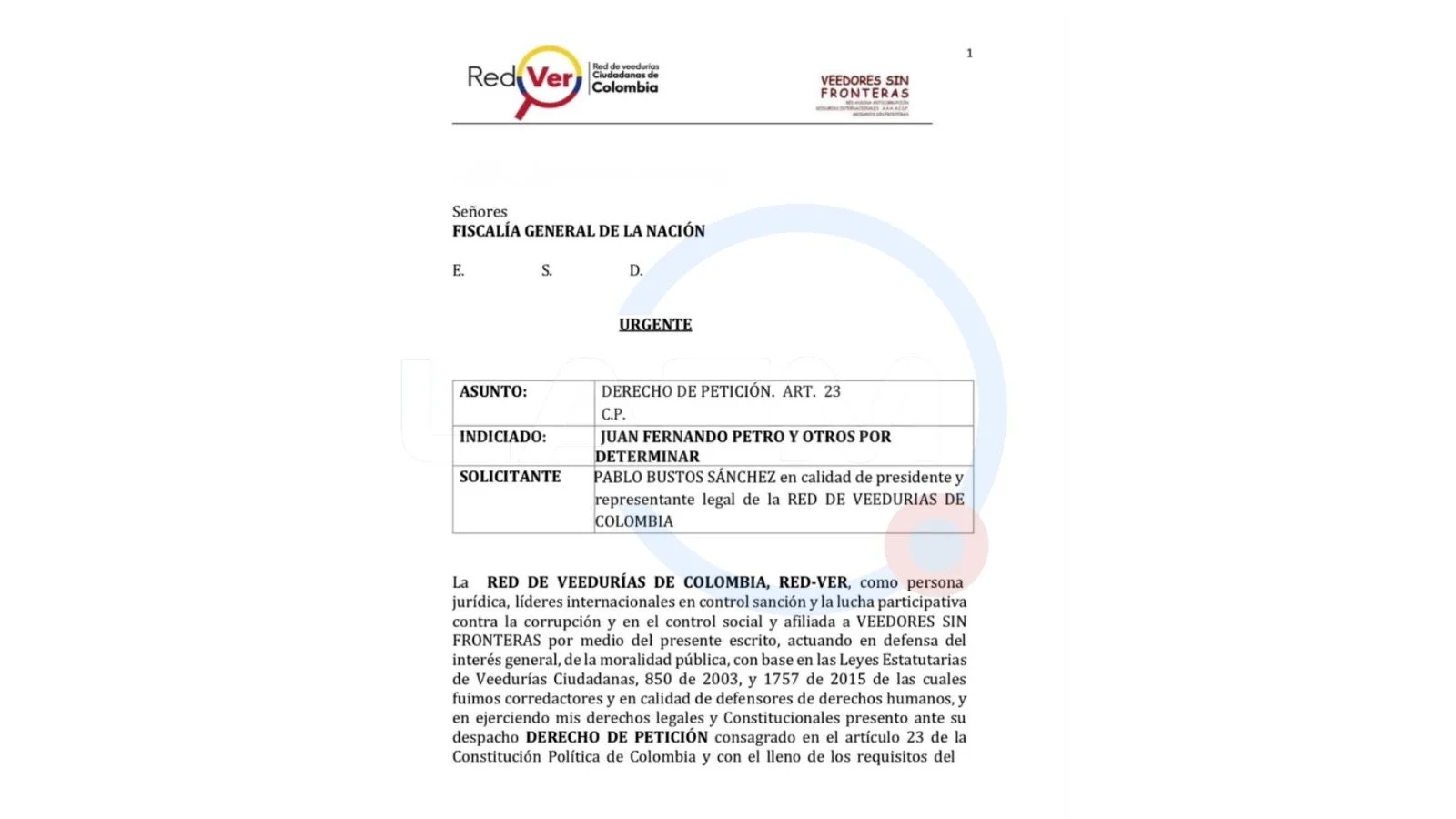 Derecho de Petición caso Pipe Tuluá y aportes campaña Petro.