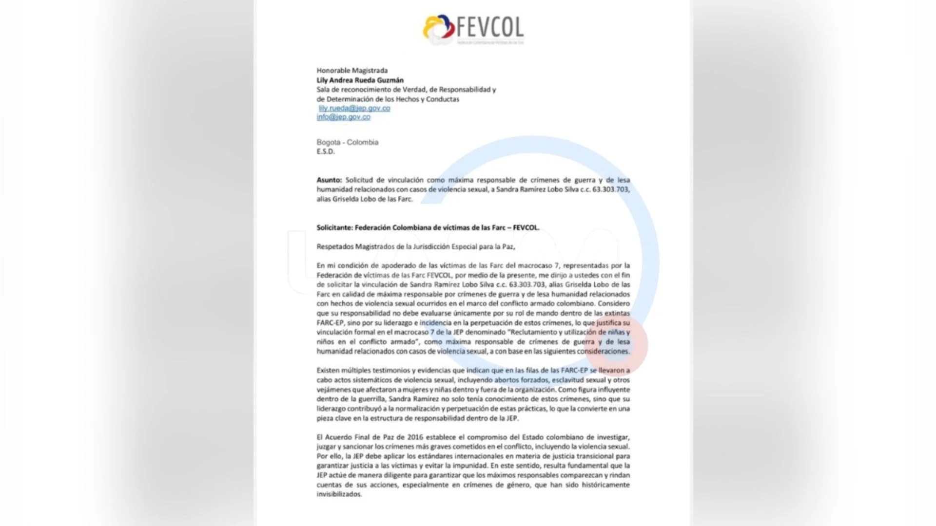 Petición urgente a JEP para vincular a Sandra Ramírez 