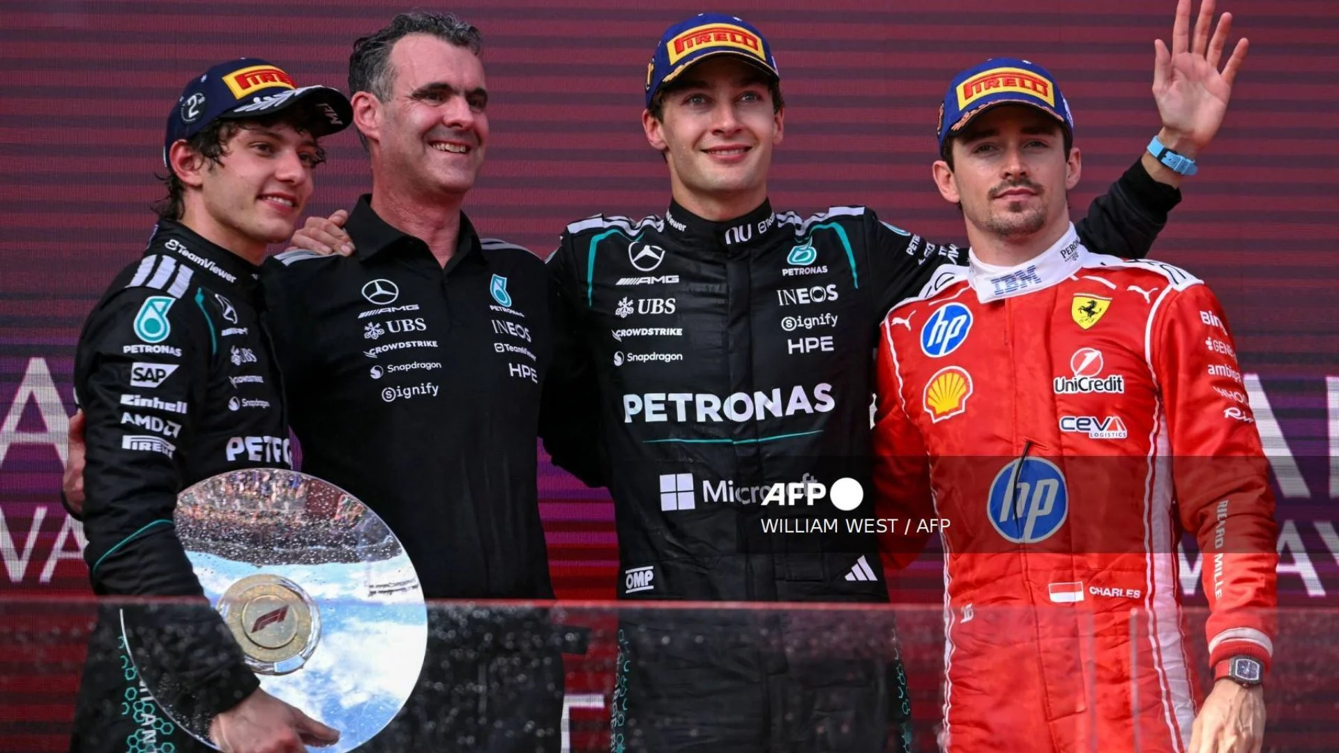 George Russell (Mercedes), Andrea Kimi Antonelli (Mercedes), Charles Leclerc (Ferrari)