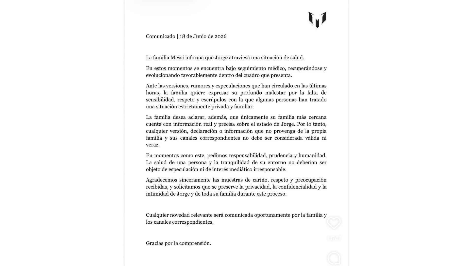 El padre de Messi se encuentra en una situación de salud que la familia no devela.