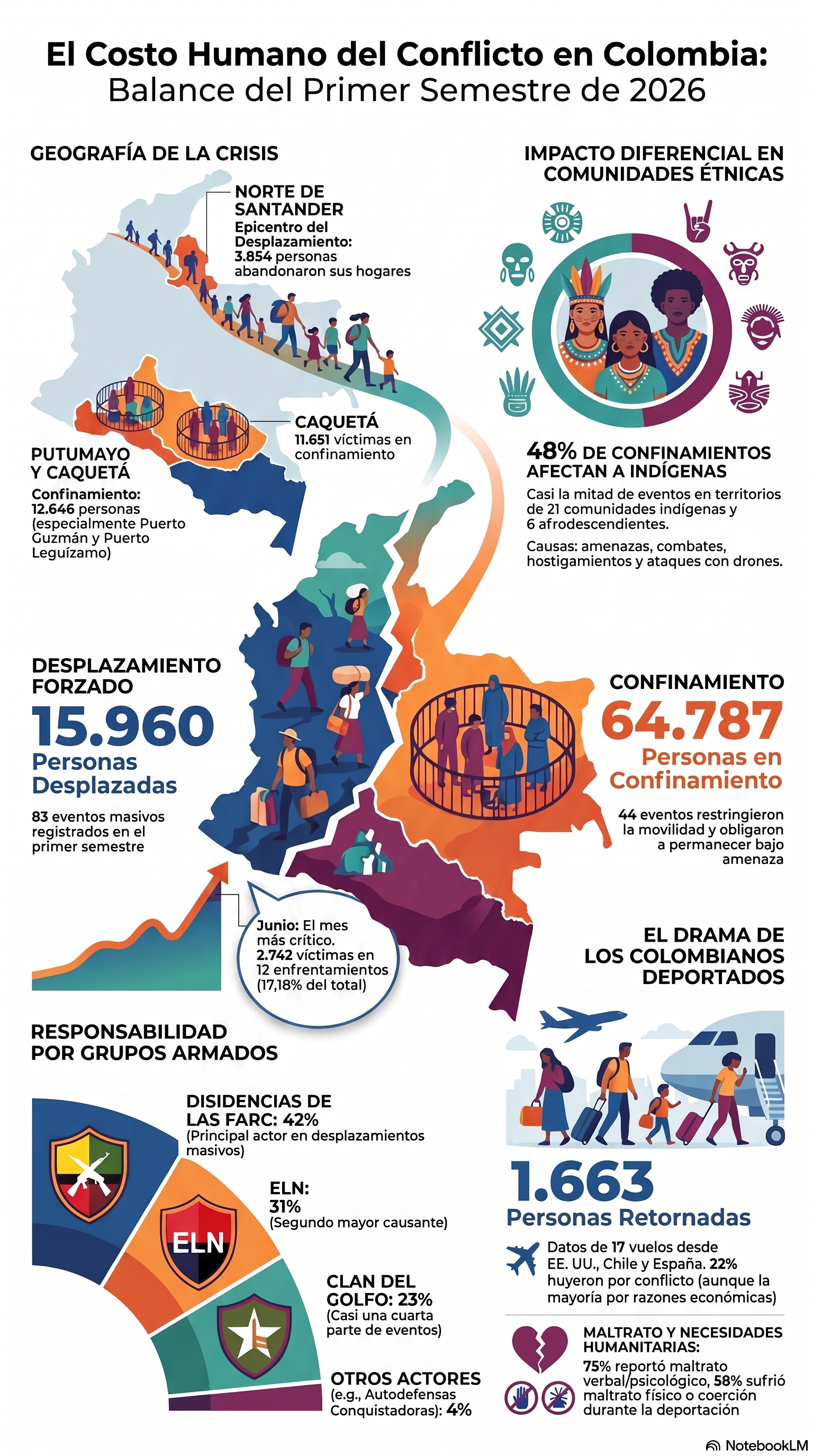 El conflicto armado ha provocado más de quince mil víctimas de desplazamiento forzado y más de 64 mil de confinamiento en Colombia en lo corrido de 2026, de acuerdo con la Defensoría del Pueblo.
