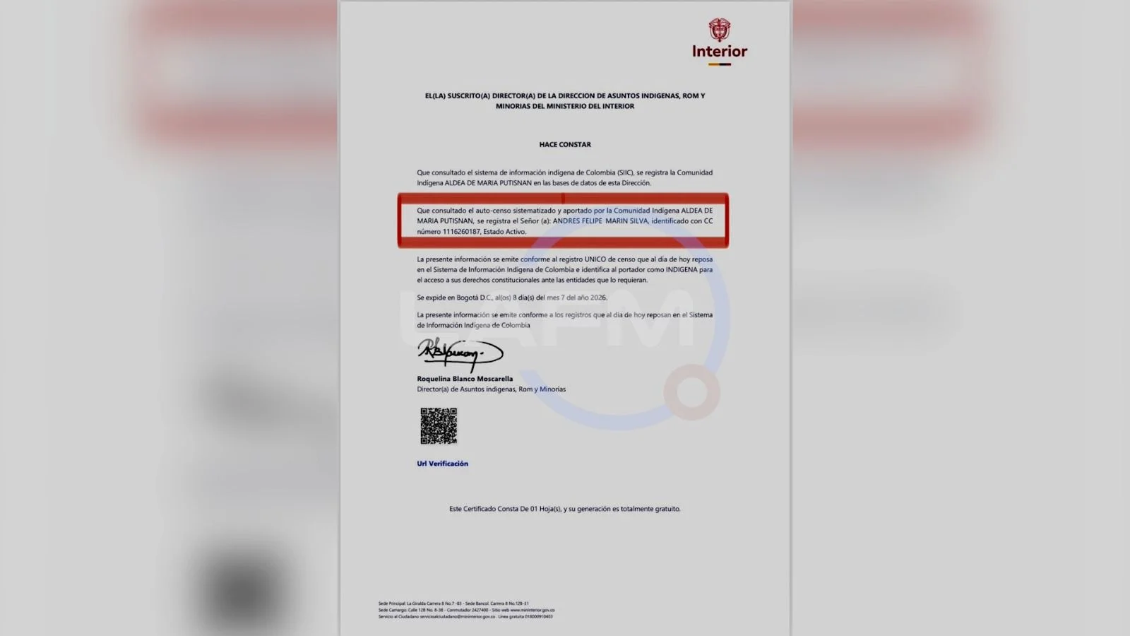 Certificado del Ministerio del Interior